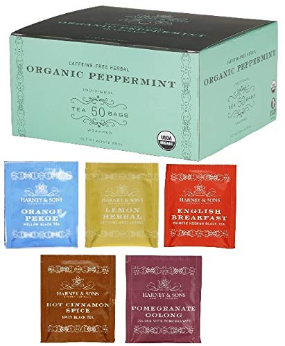 Harney & Sons Organic Peppermint 50 Tea Bags WITH BONUS 1 Ceylon India, 1 English Breakfast, 1 Lemon Herbal, 1 Hot Cinnamon Spice, 1 Pomegranate Oolong