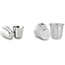 Easyworkz Stainless Steel Espresso Cup 2pcs Set Double Wall Insulated Metal Demitasse Cups (Silver, 2.5 oz), Bundled with Double-Wall Espresso Cups 5 oz Set of 2, Vertical Stripe Design, Chrome