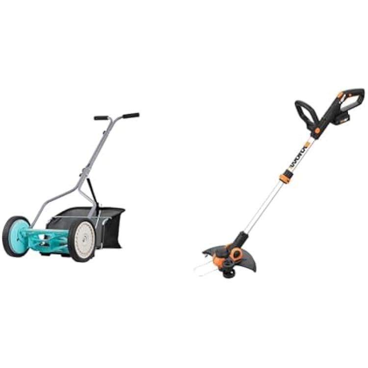 American Lawn Mower Company 1304-14GC 14-Inch 5-Blade Push Reel Lawn Mower with Grass Catcher, Mint & Worx String Trimmer Cordless GT3.0 20V PowerShare 12 Edger & Weed Trimmer