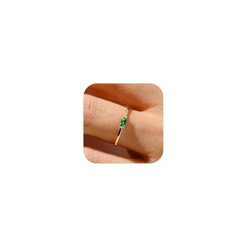 RLMOON Birthstone Rings for Women Non Tarnish Gold Stackable Rings Dainty 14K GoldSilver Plated Baguette CZ Emerald Green Pinky Ring Personalized Jewelry Gift for Birthday Size 4-10