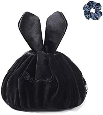 Drawstring Makeup Bag - Lazy Cosmetic Bag Velvet Drawstring Travel Cosmetic Bag Portable Travel Makeup Pouch Magic Toiletry Bag for Womens Girls (Velvet Black)