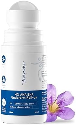 Be Bodywise 4% Aha Bha Underarm Roll On 50ml | 2% Lactic Acid, 1% Mandelic Acid, 1% Salicylic Acid | Controls Odour & Reduces Pigmentation | 0% Alcohol & 0% Aluminium | Flora Fragrance
