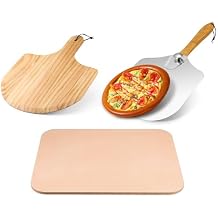 3 Pcs Pizza Stone Set Including 15"x 12 large Rectangle Cordierite Stone, Wooden Peel, Aluminum Metal Peel with Foldable Wooden Handle for Baking Grill Cooking Homemade Pizza Bread BBQ