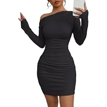 Acelitt Fall Off the Shoulder Dresses for Women 2025 Long Sleeve Ruched Bodycon Cocktail Party Mini Dress(Size Down)