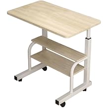 Mobile Adjustable Height Computer Desk with Wheels, 80cm Rolling Laptop Cart with Storage Shelves, Portable Stand-Up Workstation for Home Office and Small Spaces (31.5" x 15.75") Beige
