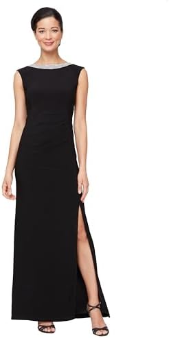 Alex Evenings Womens Long Jersey Dress with Ruched Front and Embellished Neckline Petite and Regular Sizes