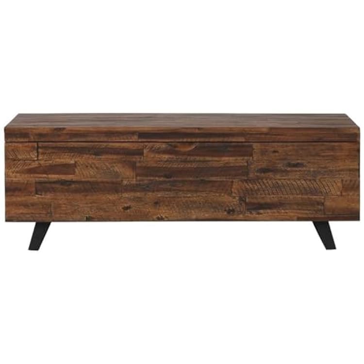 MAKLAINE Broadmore Rectangular Acacia Wood Storage Trunk, 46 in Top, Brown Finish, Black Metal Legs, Hinged Lid, Versatile Coffee Table or Entryway Storage for Living Room or Bedroom