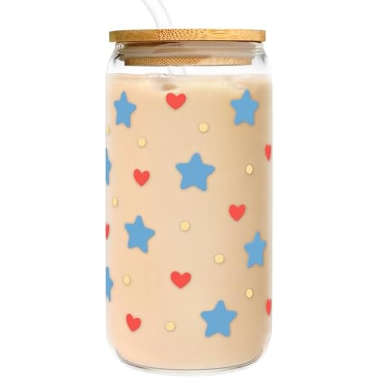 Cute Gifts for Women - 16oz Blue Star Glass Coffee Cup with Straw - Blue Aesthetic Birthday Gifts for Her - Coquette Star Heart Tumbler for Friends, Sisters, Coworkers