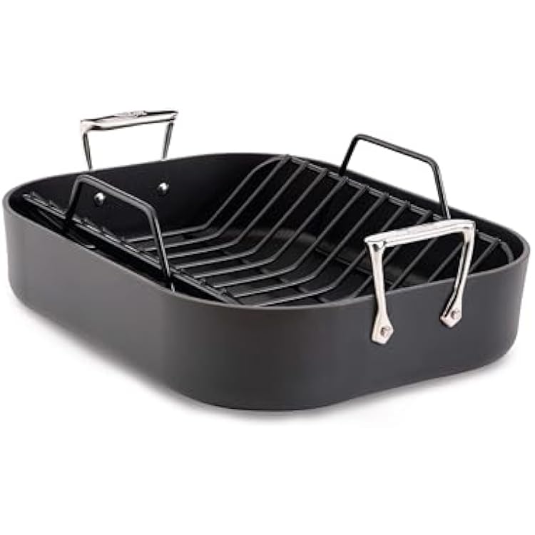 All-Clad HA1 Expert Hard Anodized Nonstick Roasting Pan and Nonstick Rack 16x13 Inch Oven Broiler Safe 500F Turkey Roaster Pan, Dishwasher Safe, Holiday Cookware, Black