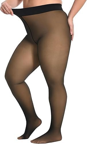 MERYLURE Plus Size Fleece Lined Tights,Winter Warm Fake Translucent Leggings for Women,Thick Thermal Pants Pantyhose, 3X-Large-4X-Large, Black