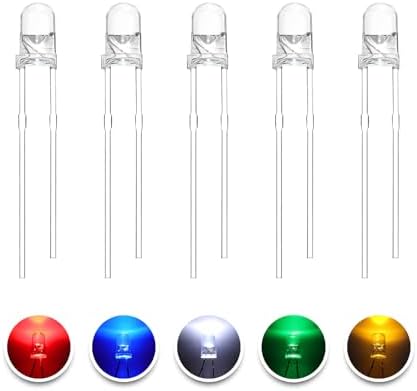 100pcs Super Bright 3mm LED Diode Lights Assortment 5 Colors x 20pcs Diodes Clear Transparent Lens Assorted Kit White Red Yellow Green Blue