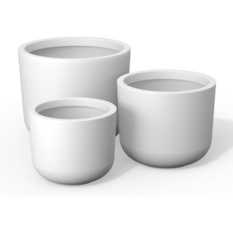 Kante 13,11,9 Dia Pure White Concrete Round Planters Set of 3, Outdoor Indoor Modern Planter Pots, Lightweight, Weather Resistant, Seamless with Drainage Hole