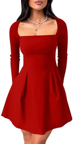 YMDUCH Women's Sexy Long Sleeve Square Neck Adjustable Straps Bow Tie A-line Mini Party Club Dress