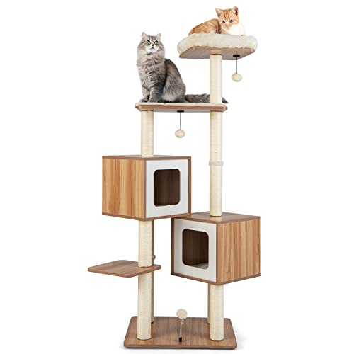 Tangkula Modern Cat Tree, 64.5 Inch Tall Cat Tower with Sisal Scratching Posts, Washable Cushions, Top Perch, 3 Jingling Balls, 2 Condos, Wooden Cat Tree for Indoor Large Cat