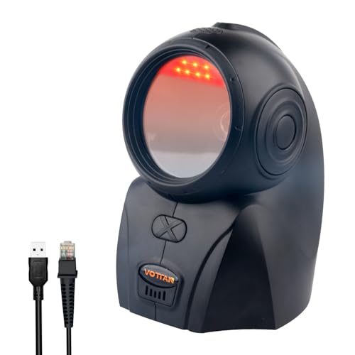 VOTTAN Automatic Omnidirectional Barcode Scanner, USB Wired 1D 2D QR Code Scanner, Hands-Free Screen Scanning Desktop Barcode Reader for Supermarket, Retail Store, Library, Warehouse Black