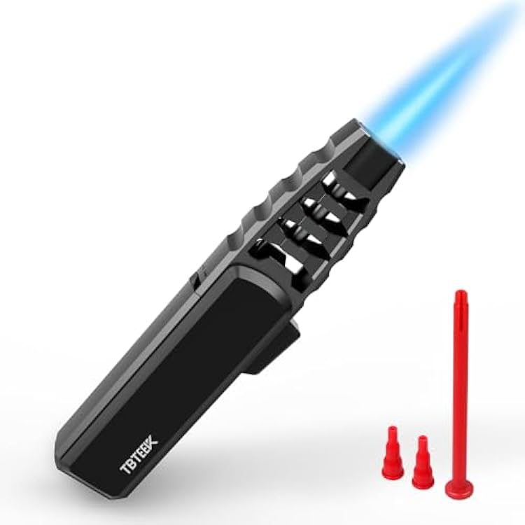 TBTeek Butane Torch Lighter - Adjustable Jet Flame Lighter, Blow Torch, Refillable Bright Fire Torch, Cooking Torch with Safety Lock for Kitchen, BBQ, Baking, Candle, Camping, Black Gas Not Included