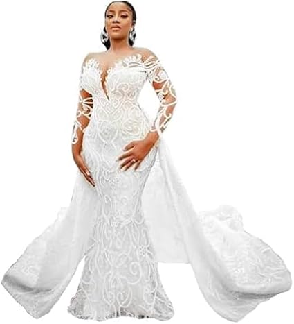 GREOENEL Amor Plus Size Mermaid Wedding Dresses with Detachable Train Beaded Lace Appliqued African ASO EBI Bridal Gown