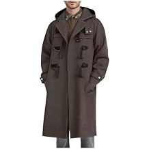 Mens Wool Blend Single Breasted Long Trench Coat, Classic Toggle Duffle Hooded Winter Overcoat Pea Coat with Pockets