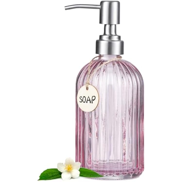 HBlife 16 Oz Soap Dispenser with 304 Rustproof Stainless Steel Pump,Vertical Stripe Kitchen Bathroom Soap Dispenser,Refillable Liquid Glass Soap Dispenser for Hand Soap, Soap, LotionPink
