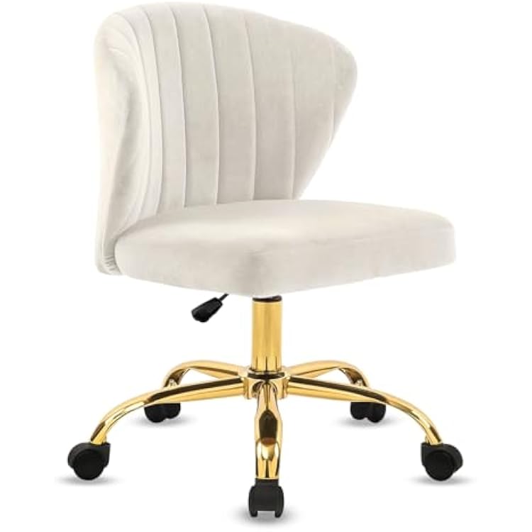 CLATINA Velvet Home Desk Chair with Gold Base Wheels, Adjustable Height Upholstered Comfortable Ergonomic Armless Modern Vanity Chairs, Swivel Task Chair for Study Dressing Bedroom Living Room, White