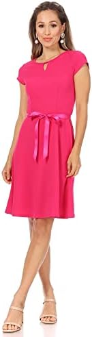 FashionJOA Women's Casual Solid Short Sleeve Ribbon Belted Flared A Line Swing Dresses