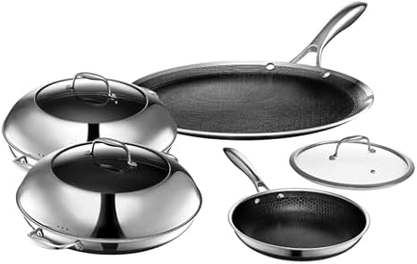 HexClad Hybrid Nonstick 7-Piece Cookware Set, 14" Pan with Lid, 14" Wok with Lid, 12" Griddle, and 10" Pan, Stay-Cool Handles, Dishwasher and Oven-Safe, Induction Ready, Compatible with All Cooktops