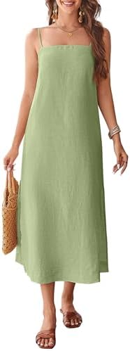 100% Linen Dress Square Neck Sleeveless Spaghetti Strap Summer Casual Midi Dresses with Slit - Green S