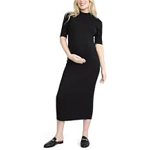 Motherhood Maternity Women's Elbow Sleeve Ribbed Mock Neck Maxi Pregnancy Dress