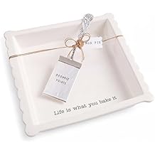 Mud Pie Ceramic Brownie Pan Set with Silverplate Server, Scalloped Brownie Baking Dish, Oven Safe Dishwasher Safe Bakeware, Perfect Brownie Pan for Desserts, Bars, Gifts, White