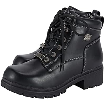 GARGOYLE BELLS Womens Motorcycle Ankle Boots with Zipper, Black Lace-up Biker Boots with Low Heel for Ladies