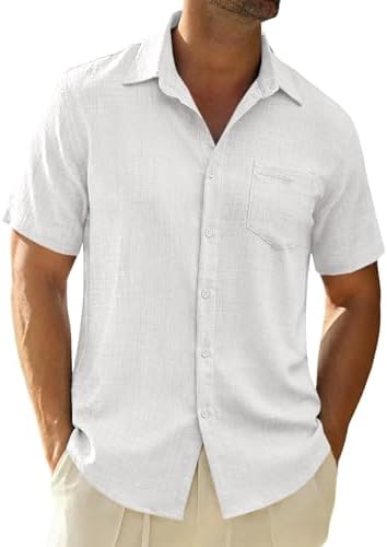 Runcati Mens Button Down Shirts Linen Casual Short Sleeve Shirt Summer Beach Textured Tops with Pocket