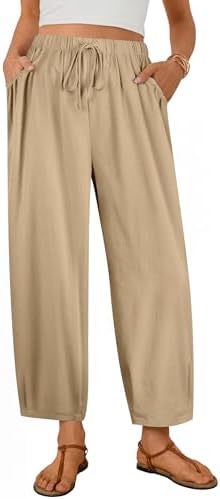 Ezcosplay High Waisted Barrel Pants Women Summer Baggy Wide Leg Cropped Pants Drawstring Casual Harem Pants with Pockets