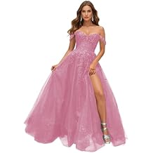 Off Shoulder Lace Prom Dress with Slit Glitter Appliques Ball Gown Long Formal Party Evening Dress