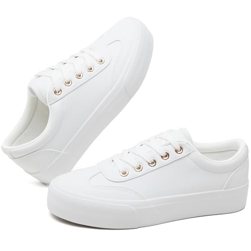 TUOPIN Womens Tennis Shoes White PU Leather Platform Sneakers Comfortable Lace-Up Walking Shoes Fashion Chunky Athletic Sneakers for Women