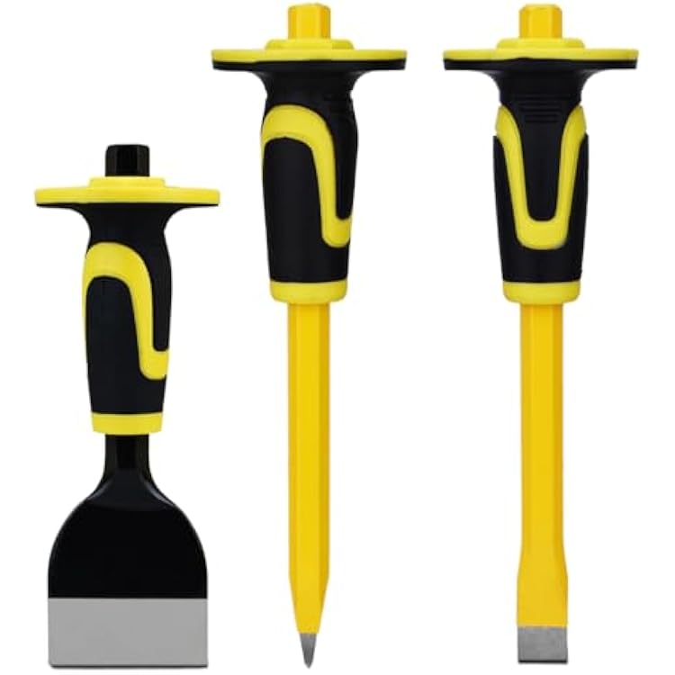 3-Piece Heavy-Duty Chisel Set with Hand Protection, Concrete and Mortar Stone Chisels, Used for Demolition, Carving, De-scaling, Breaking, Hunting, and Crushing. CA3