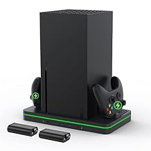 Charging Stand with Cooling Fan, CODOGOY Vertical Stand Compatible with Xbox Series X/S Console&Controller, Dual Controller Charger Station Dock with 3 USB Ports,2*1100 mAh Rechargeable Battery Packs