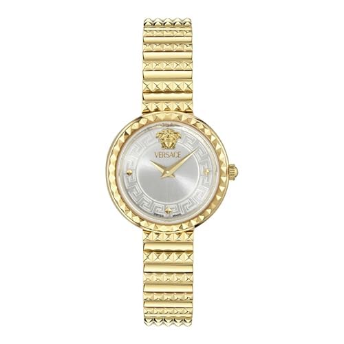 Versace Greca Goddess Petite Collection Luxury Womens Watch Timepieces with a Gold Bracelet and Case Featuring a Silver Dial