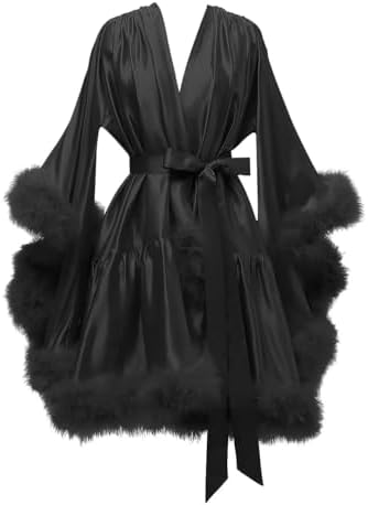 Yexinbridal Feather Fur Robe Silk Satin Bridal Dressing Gown Sexy Illusion Lingerie Nightgown Bathrobe Sleepwear