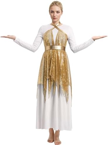 AFAVOM Womens Praise Dance Dress Sparkle Liturgical Lyrical Dance Dress Long Sleeve Worship Church Glitters Tunic Costume
