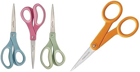 Fiskars Crafts Purpose Titanium Softgrip Fiskars Scissors, 3 Pack, Blue/Pink/Green & 94817797 Micro-Tip Scissors, 5 Inch, Orange
