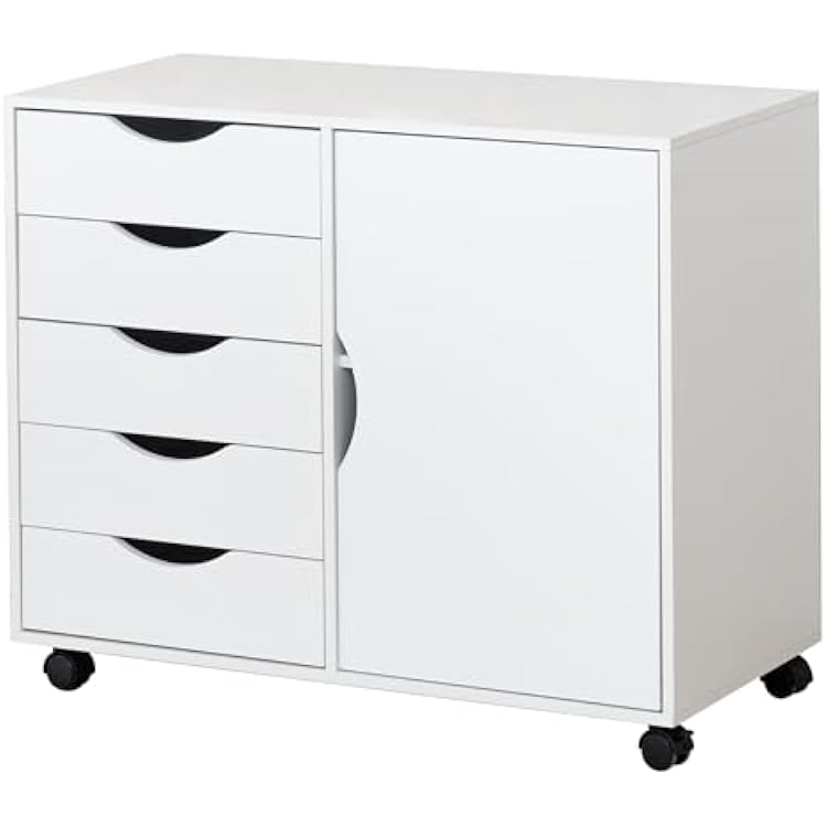 QDSSDECO 5-Drawer Chest with 1 Door, Wooden Storage Chest of Drawers, Mobile Dresser Cabinet with Wheels, Printer Stand for Home Office Bedroom