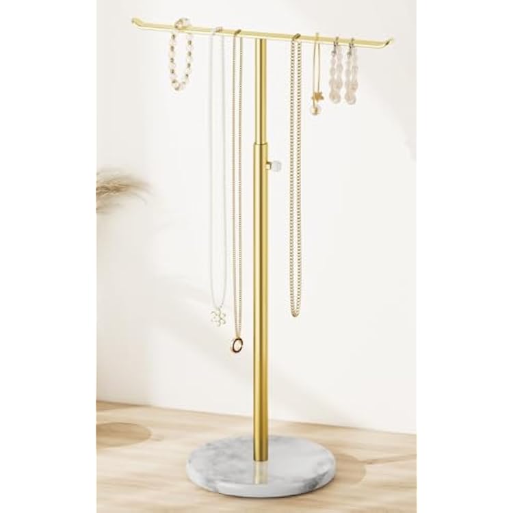 Gold Necklace Holder Jewelry Organizer Stand Adjustable Height TBar Jewelry Display with White Marble Base, Necklace & Bracelet Holder, Countertop Jewelry Stand