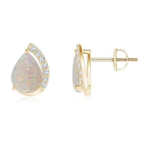 ANGARA Natural Opal Solitaire Studs for Women | Solitaire Pear Opal Swirl Stud Earrings with Diamond Accents in 14K Solid GoldSilverPlatinum | October Birthday, Anniversary, Gemstone Jewelry Gift