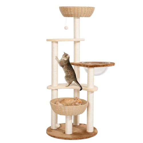 Lucky Monet Modern Cat Tower for Large Cats 25Ibs, 55 Inch Boho Tree With 2 Handwoven Basket Beds & Space Capsule, Unique Rattan Wicker Adult Tower for Multiple Cats