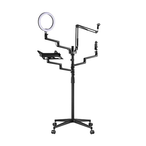 MDS11-2 Live Broadcast Boom Arm And Mobile Cart | Flexible Desk Mount Camera Arm | Clamp Webcam Stand | Microphone Boom Arm | Laptop Stand | 10 LED Ring Light | Voice Recording And Podcasting