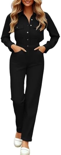 CaniBtr Jumpsuits for Women Dressy Casual Long Sleeve Button Up Stretch One Piece Long Pants Rompers with Pockets