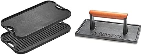 Lodge LPGI3 Cast Iron Reversible Grill/Griddle, 20-inch x 10.44-inch, Black & Cuisinart CGPR-221 Cast Iron Grill Press (Wood Handle), Weighs 2.1-pounds