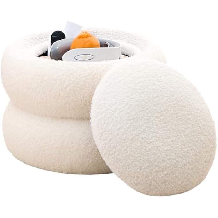 Storage Ottoman,Soft Teddy Velvet Upholstered Footrest,Mordern Round Footstool with Biscuits Shape,Side Tabble and Plant Stands for Living Room,Hallway,Bedroom White