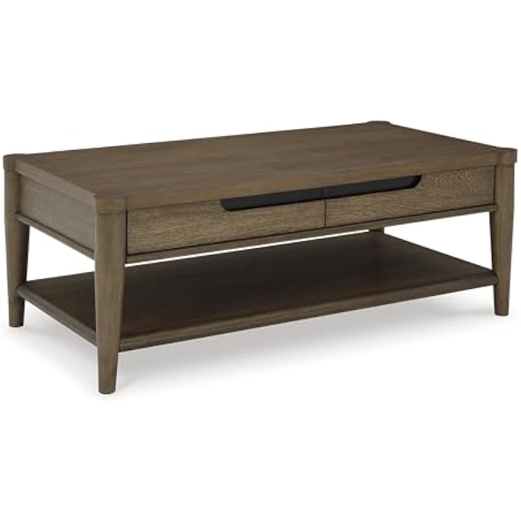 Signature Design by Ashley Roanhowe Contemporary 2-Drawer Coffee Table with Open Lower Shelf and Tapered Legs, Dark Brown