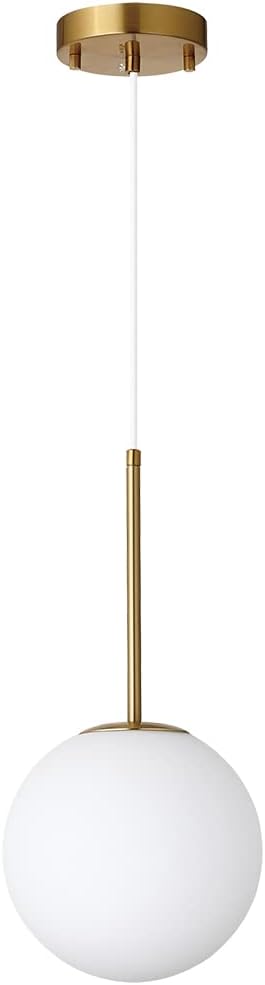 Kaj Hejmo Globe Pendant Lamp Matte White Glass- Mid Century Modern Lighting Fixture Brush Brass Finish- Semi Flush Mount Ceiling Light for Kitchen Living & Dinning Room 20cm White Globe, Cord Hang [Energy Class A]